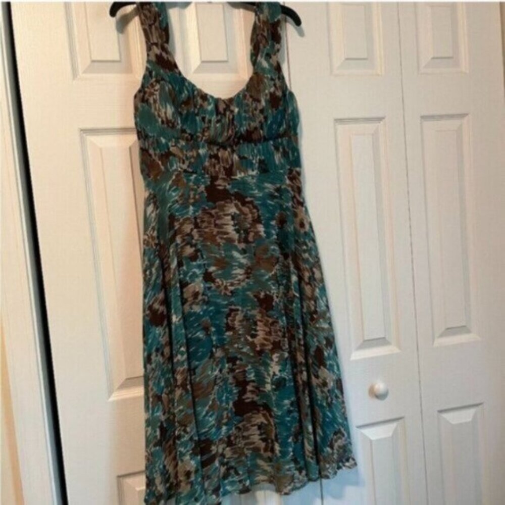 Sleeveless Teal Brown Printed A-Line Dress